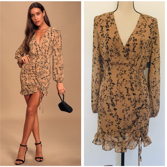 Lulus Dresses & Skirts - ❌sold❌Lulus One True Love Taupe Floral Ruched Min